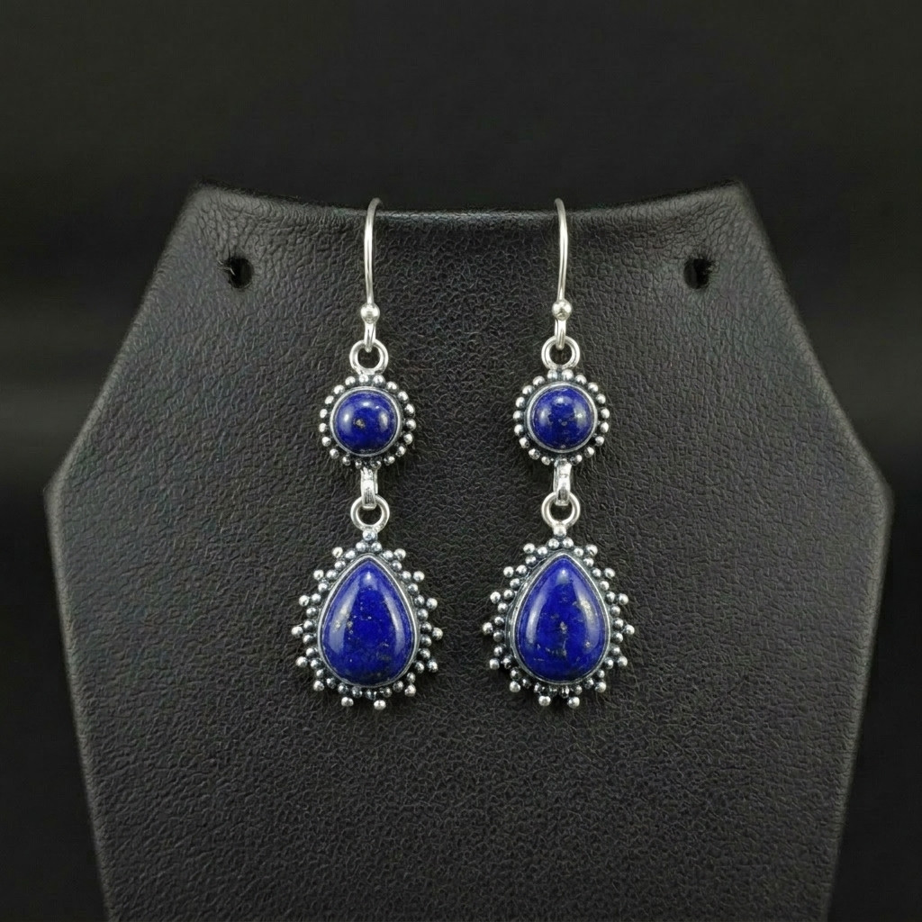 Lapis Lazuli Gemstone 925 sterling silver handmade Dangle Drop Earrings 2.25″