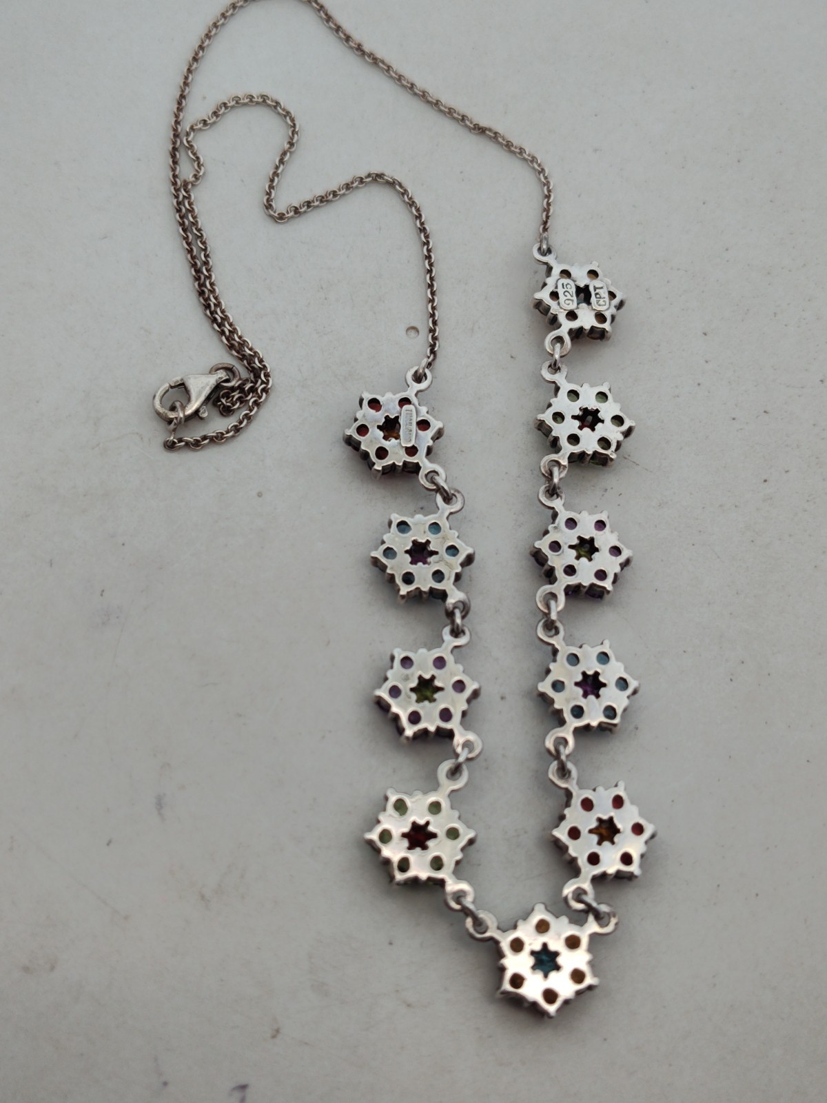 Designer “CPT” Sterling Silver Multi Rainbow Gem Necklace Flower Design