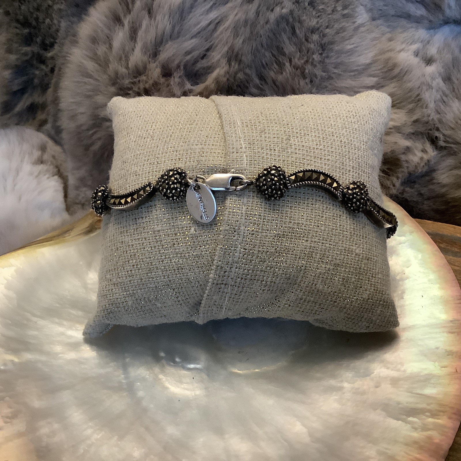Judith Jack Sterling Silver Marcasite Heart Curved Bar Chain Link Bracelet
