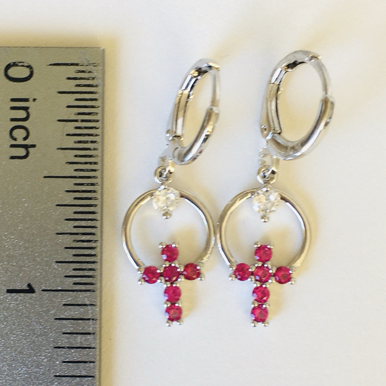 2 carat Ruby Hypoallergenic Dangling Earrings 14k White Gold Rhodium Finish
