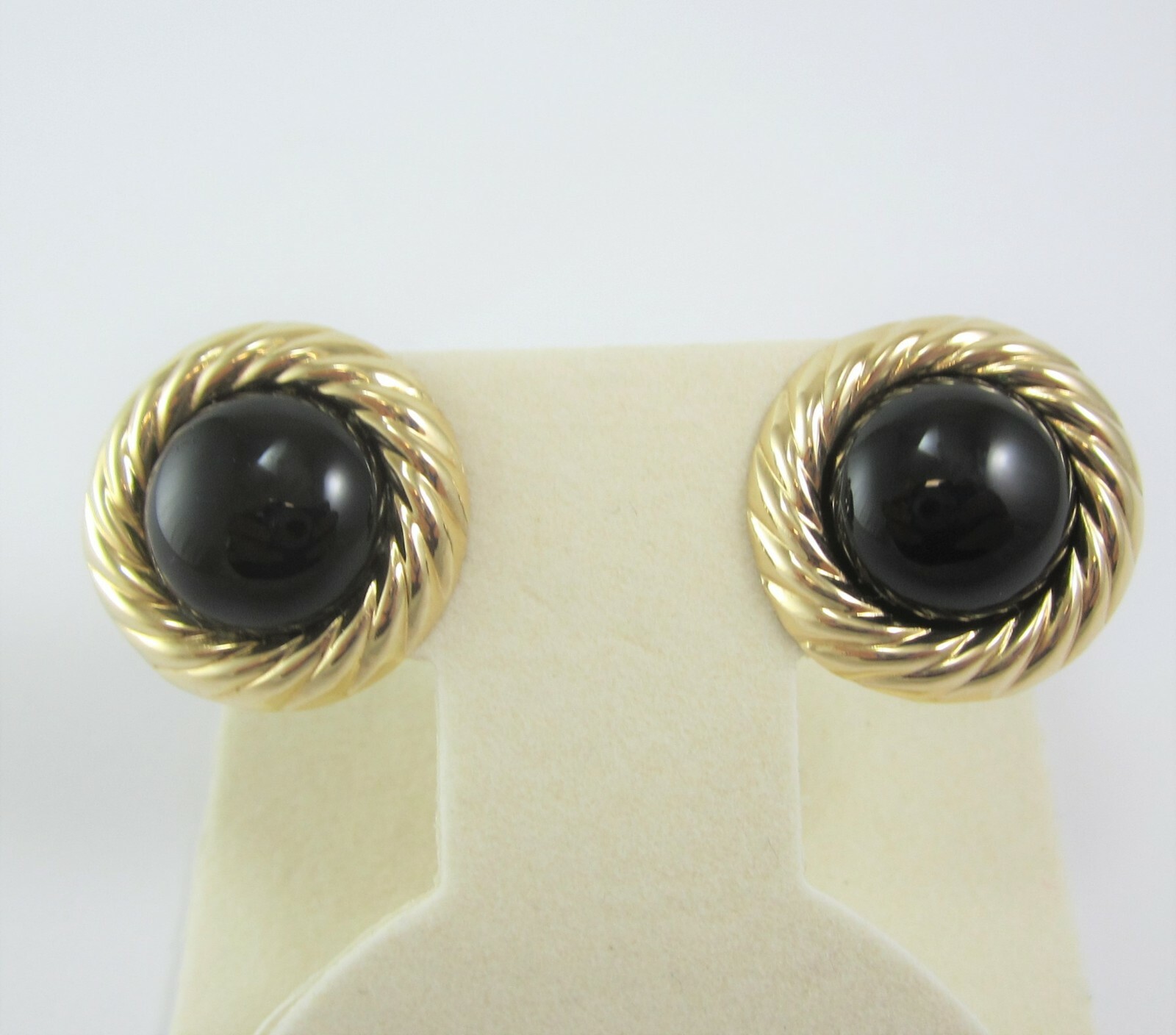 BEAUTIFUL 14K YELLOW GOLD ROUND BLACK ONYX FLAT CIRCLE EARRINGS 3.6G