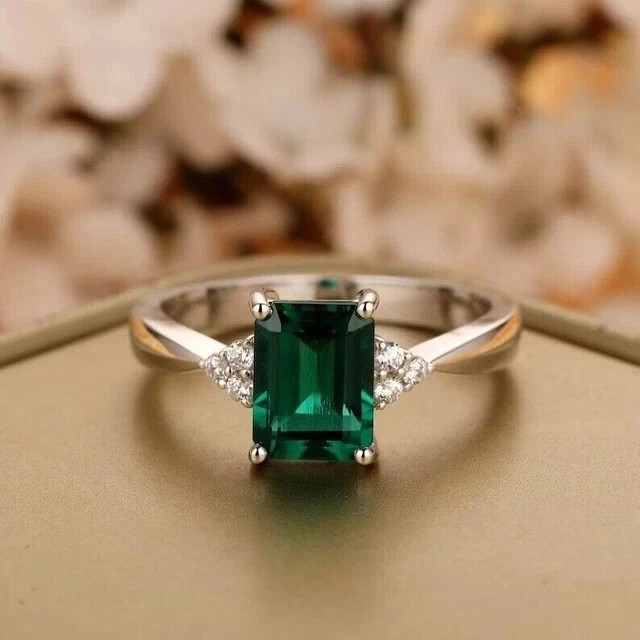 2.20 Ct Emerald Cut Natural Emerald & Diamond Propose Ring 14k White Gold Size 8