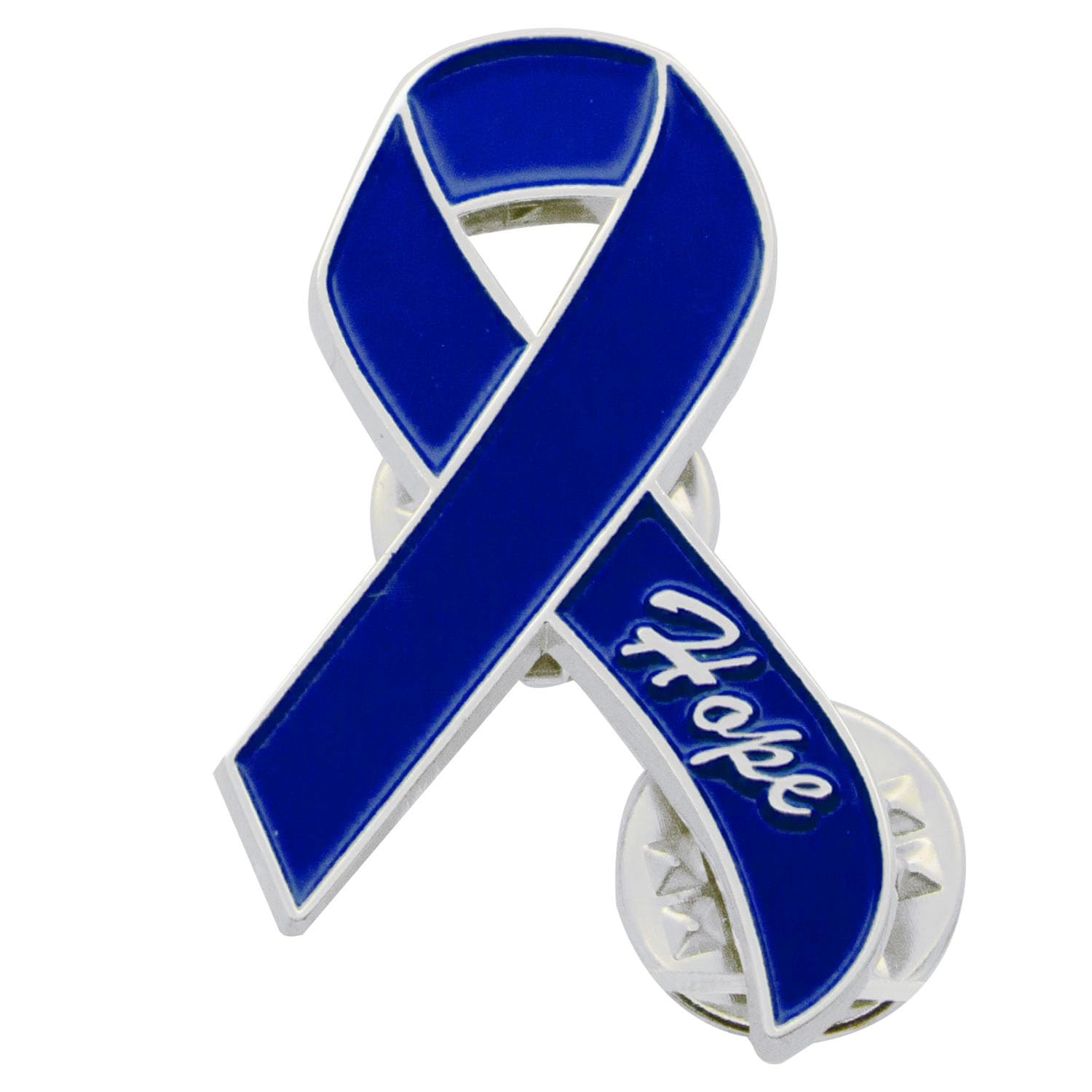Compact Dark Blue Enamel Colon Cancer Ribbon Pin with Dual Butterfly Clasps