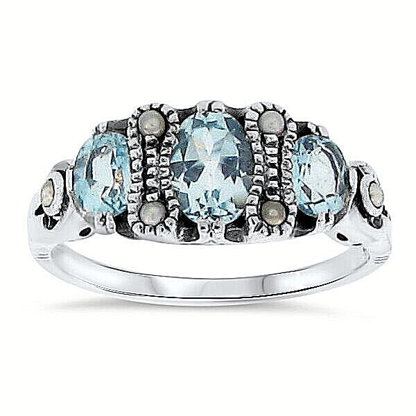 GENUINE SKY BLUE TOPAZ & PEARL 925 STERLING SILVER VICTORIAN STYLE RING 066X