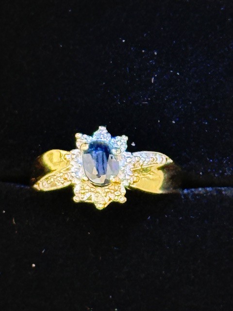 Dark Blue Natural Sapphire Ring • 10K Gold • Diamond Accents • Size 4 Eye Clean