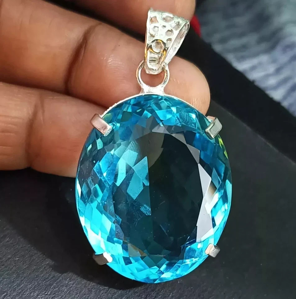 93 Ct Natural Blue Topaz Certified Oval Cut Pendant 925 Sterling Silver