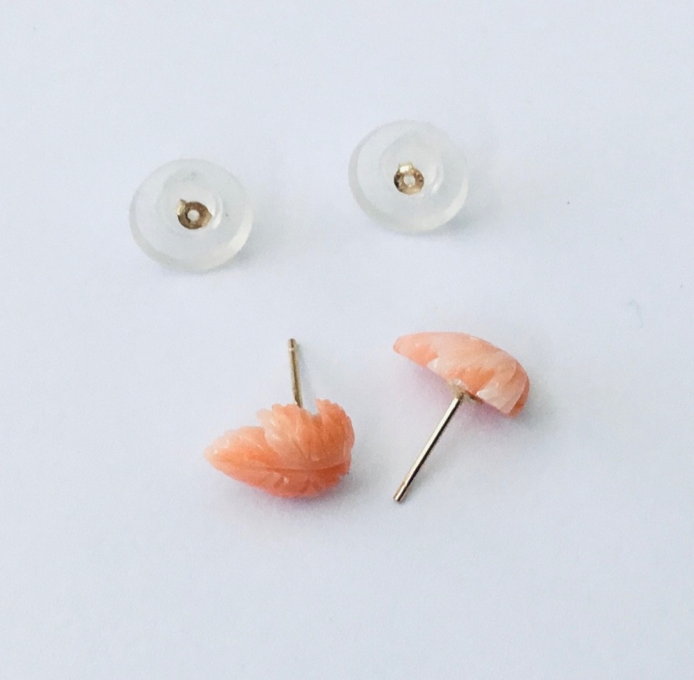 Solid 14K Gold Genuine Pink Coral Hand Carved Leaf Stud Earrings NEW