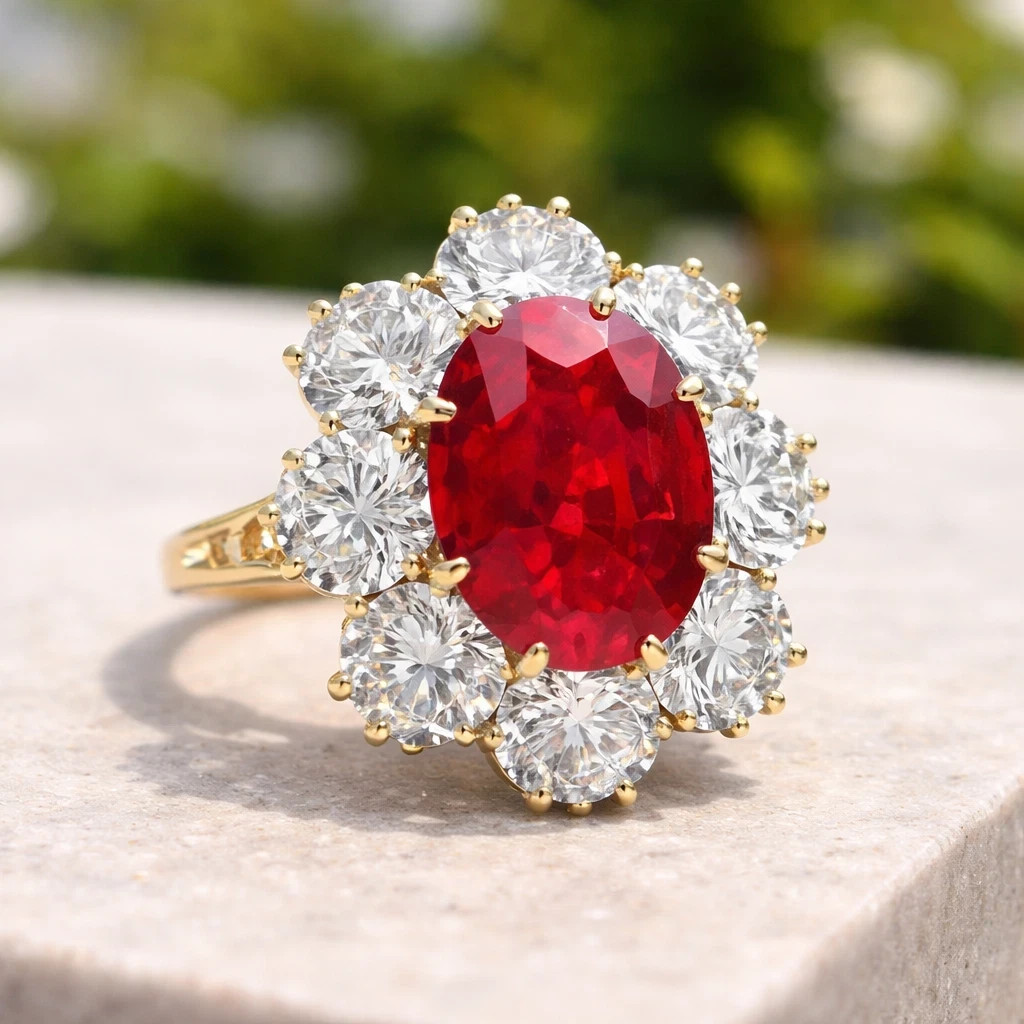 3.50 Ct Oval Cut Natural Ruby & Diamond Wedding Ring 14K Yellow Gold