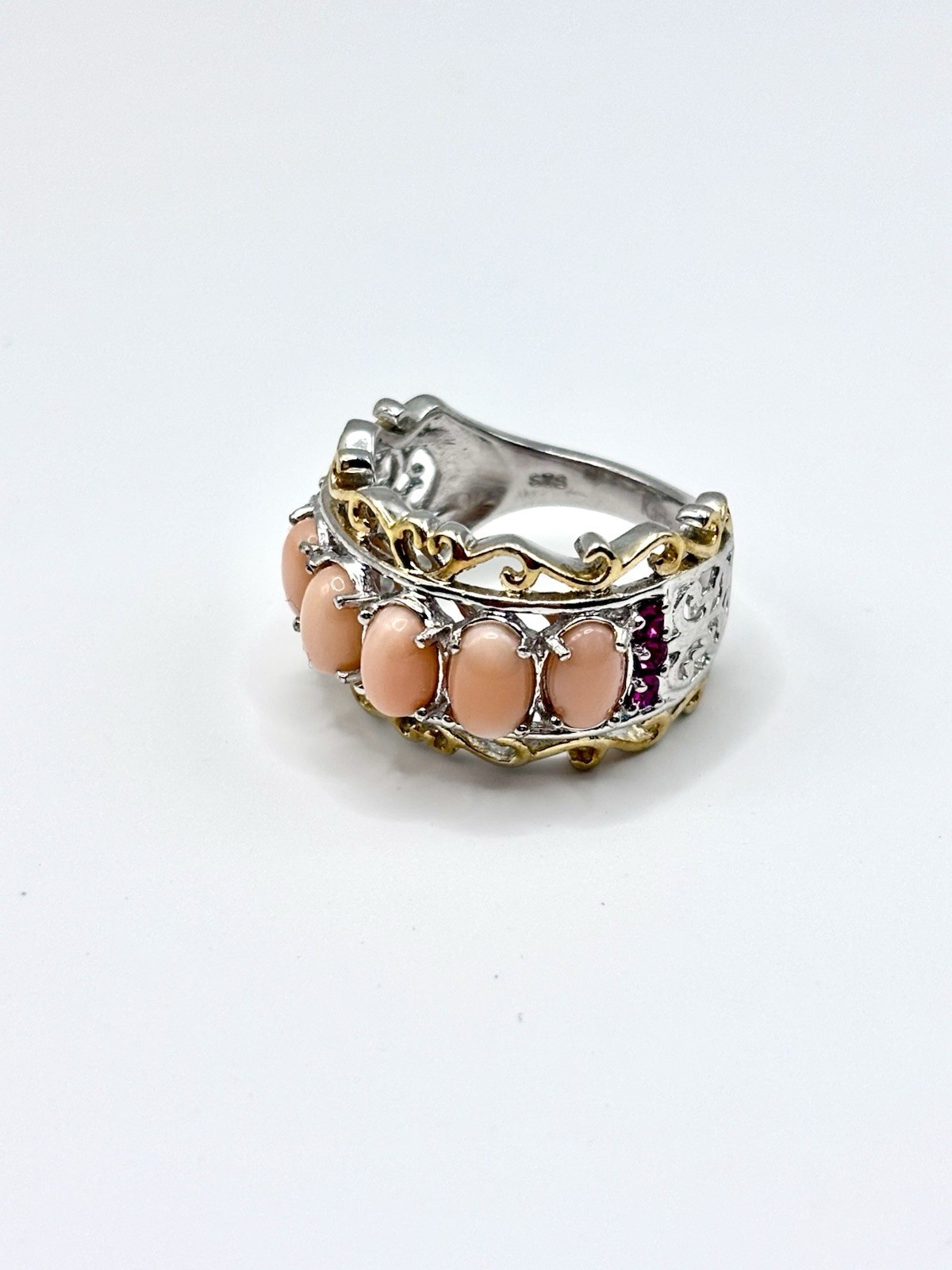 STS Karis Sunrise Peach Opal 5 Stone Ring 18K YG Plated, Platinum Bond Size 5.75