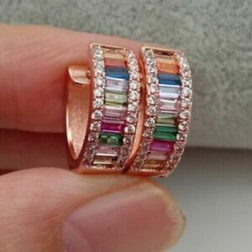 3Ct Baguette Brilliant Cut Multi Color Huggie Hoop Earrings 14K Rose Gold Finish