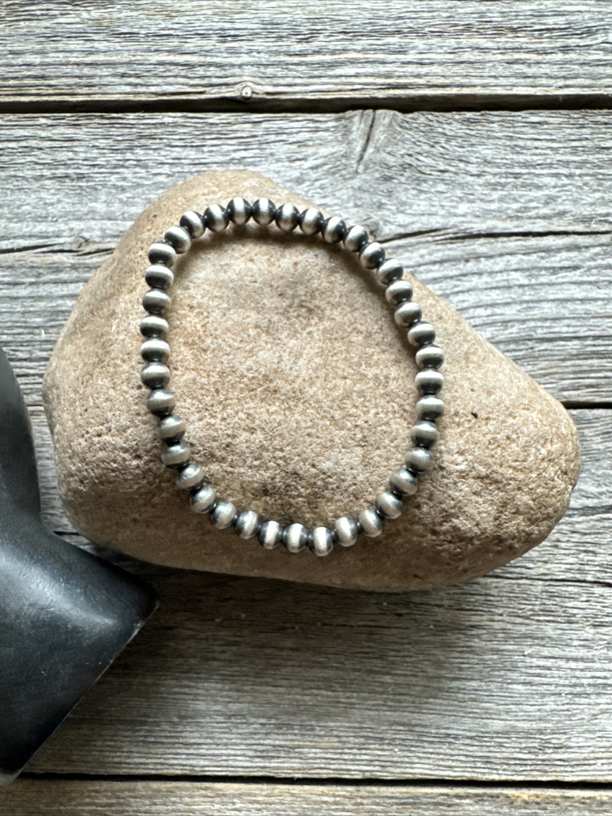 5mm 7 Inch Stretch Sterling Silver Oxidized Pearls Bead Bracelet Southwestern