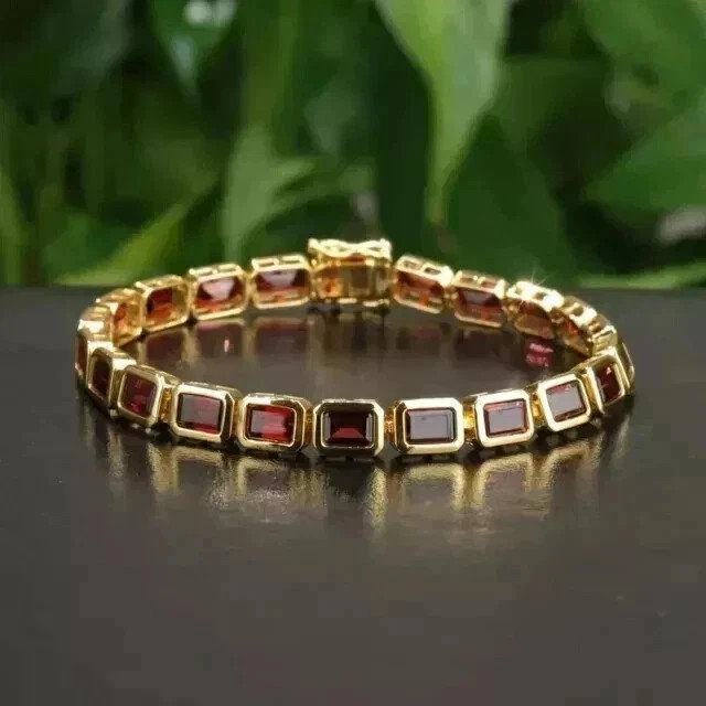 12TCW Emerald Lab Created Garnet Bezel Tennis Bracelet 14k Yellow Gold Plated