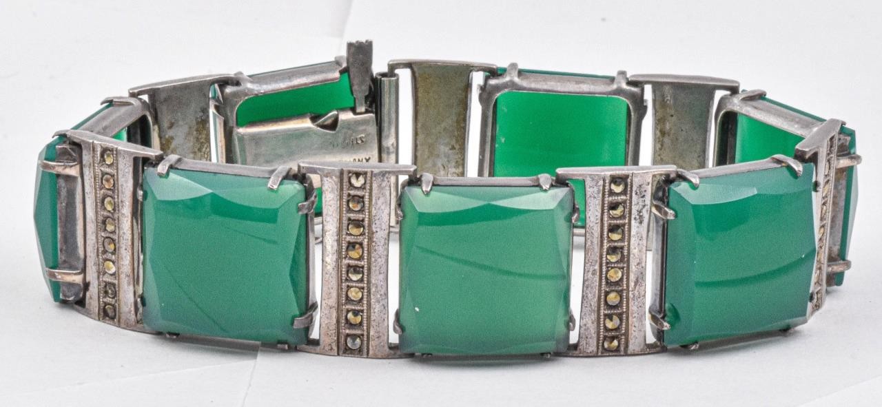 Art Deco Sterling Silver Marcasite Green Opaque Stone Made in German Bracelet