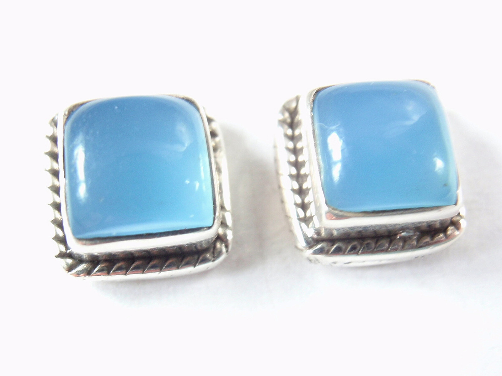 Chalcedony Square 925 Sterling Silver Stud Earrings with Rope Style Accents