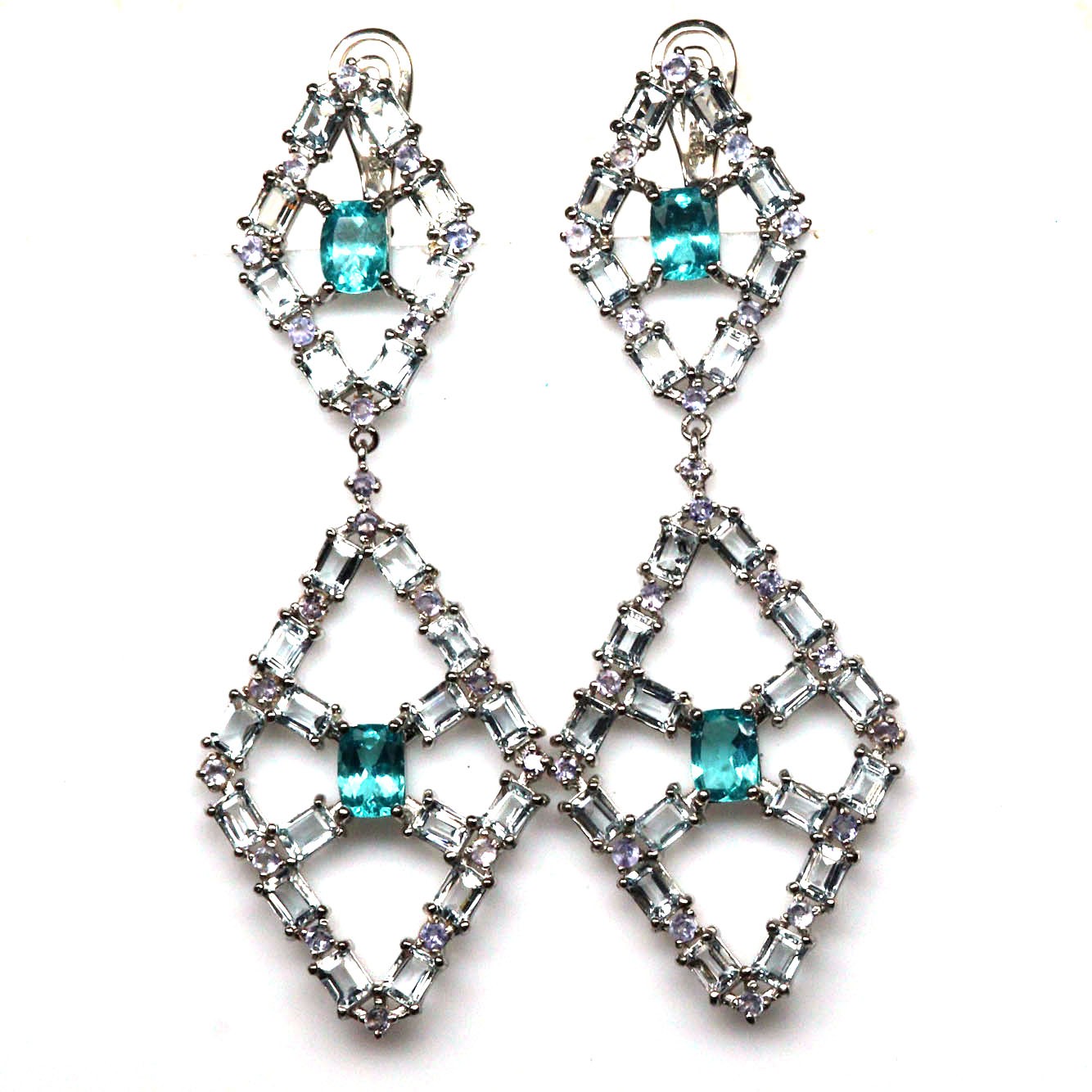 925 Silver Handmade 5 x 7 mm. Blue Apatite, Aquamarine & Tanzanite Earrings