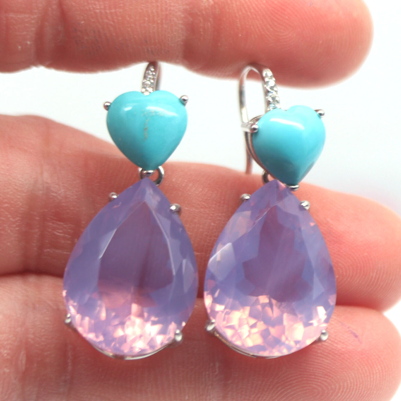 Unheated Gemstone Purple Amethyst, Turquoise, Cubic Zirconia Earrings 925 Silver