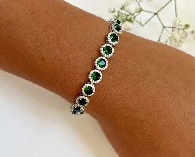 8Ct Lab Created Green Emerald & Diamond 14k White Gold Plated Tennis Bracelet 7″