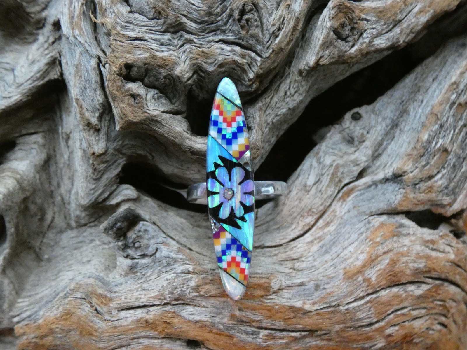 Flower Micro Inlay Gemstone Opal Aluminum Sterling Silver Alloy Size 9 Ring AR95