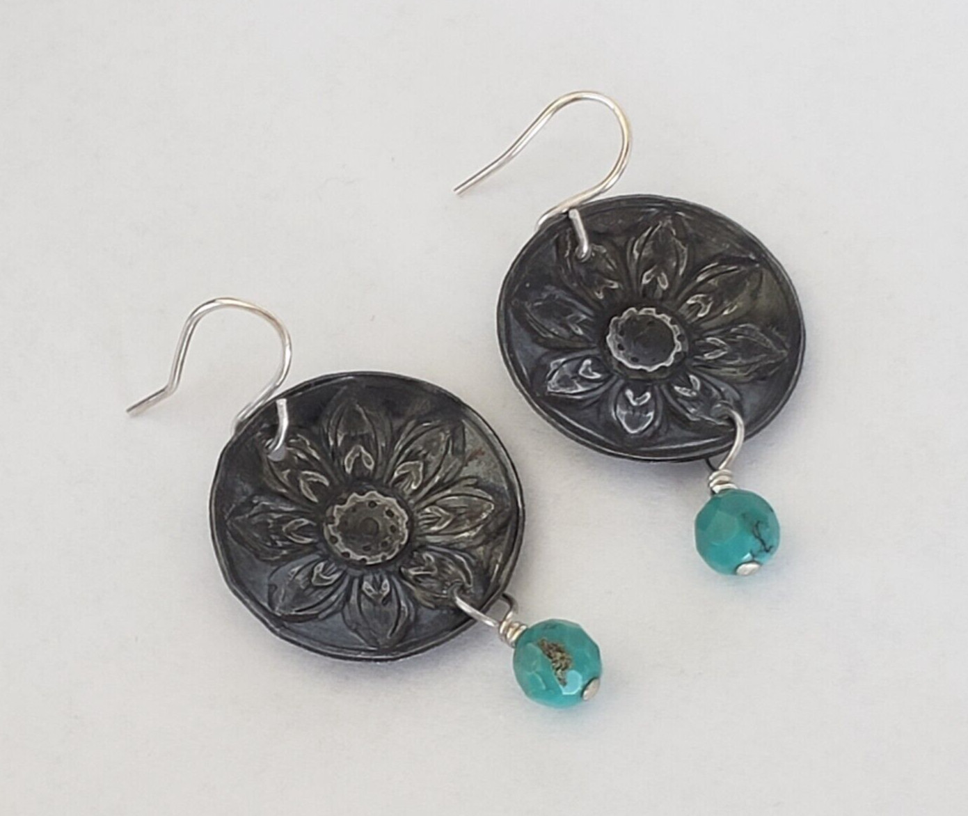 Southwest Sterling Mixed Metals Turquoise Bead Flower Disc Dangle Earrings