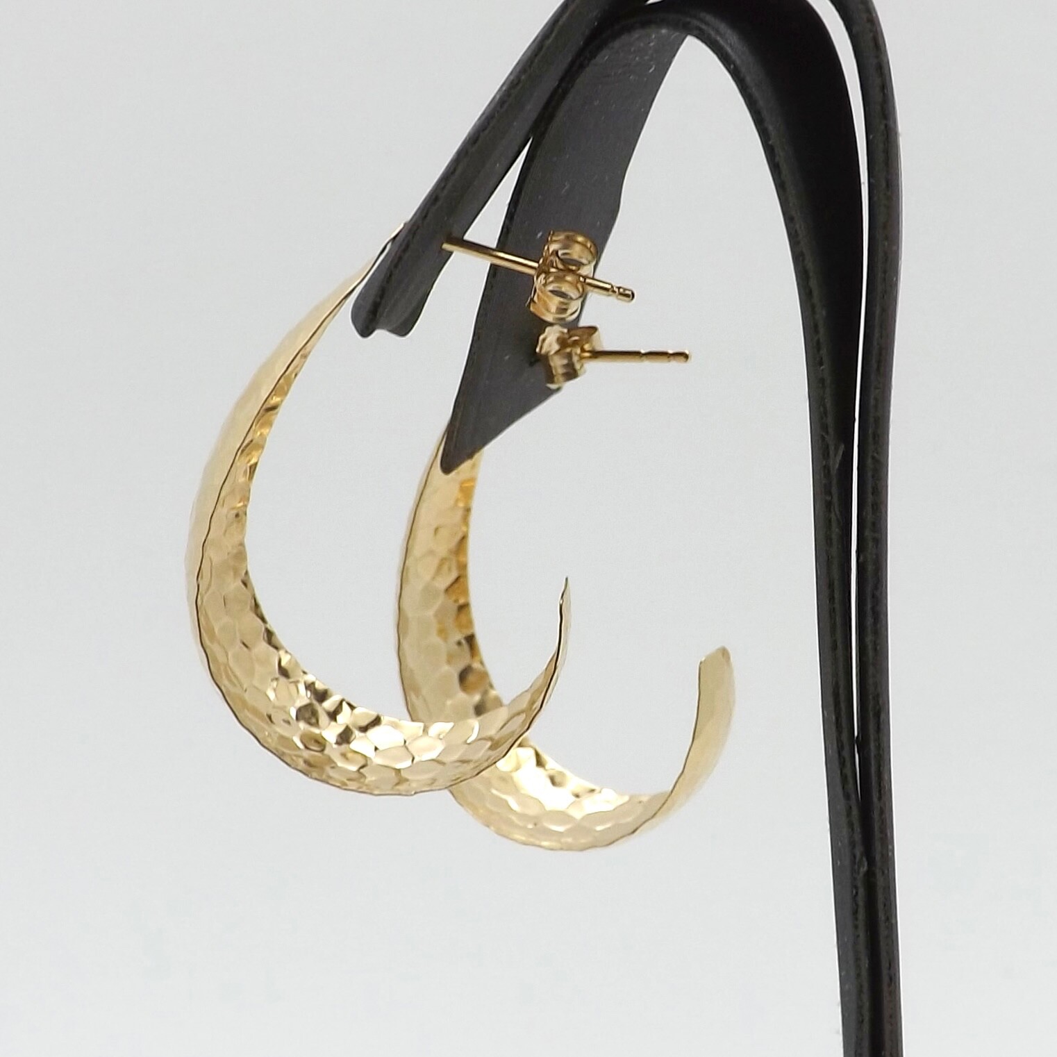 Solid 14k Yellow Gold Hammered J Hoop Earrings Tapered Sparkly New
