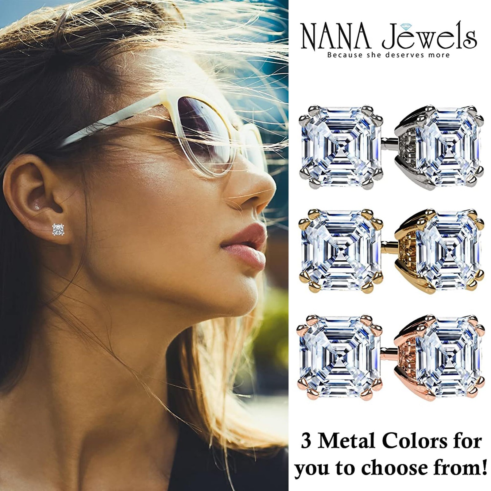 Platinum Plated Silver Stud Earrings With 1.50 CTTW Asscher CZ & 14K Gold Post
