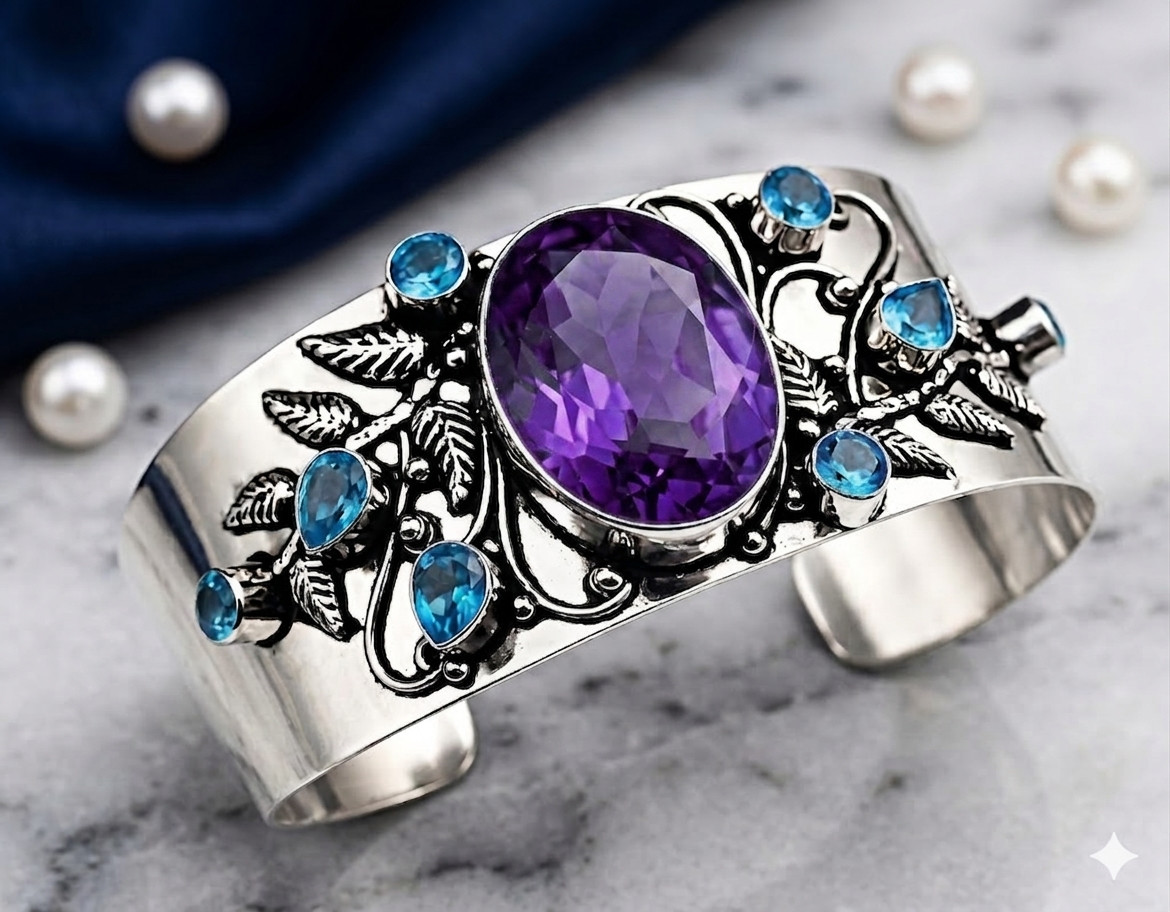 925 Sterling Silver Amethyst & Blue Topaz Gemstone Jewelry Cuff Bracelet-ADJ