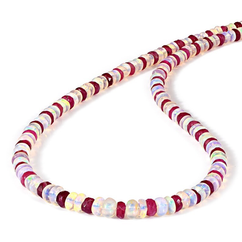 Natural Welo Fire Opal & Ruby Beaded Necklace 925 Sterling Silver 18″ Gift Her