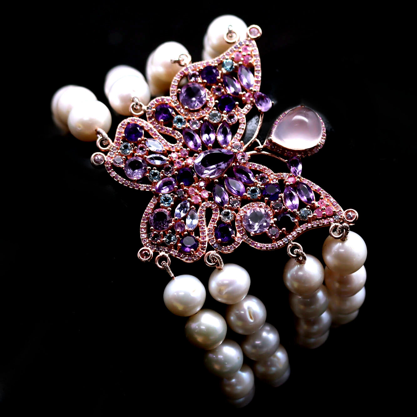 Gemstones Quartz,Amethyst,Tanzanite,Topaz,Sapphire & Pearl Bracelet 925 Silver