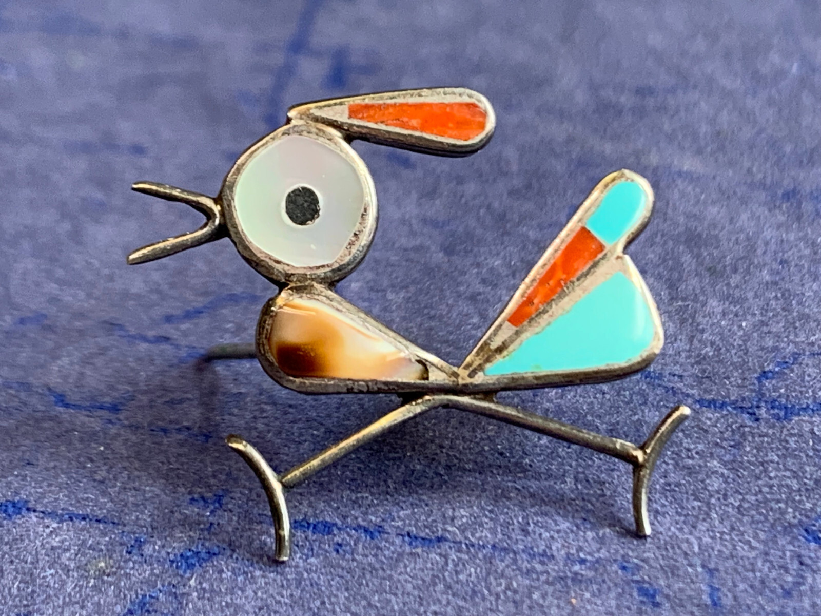 Sterling Silver Zuni Roadrunner Brooch 2.12g Fine Jewelry Turquoise Coral MOP