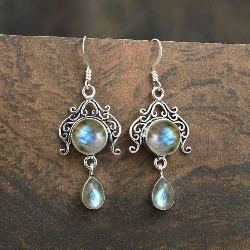 925 Sterling Silver Natural Labradorite Round Stone Handmade Genuine Earrings