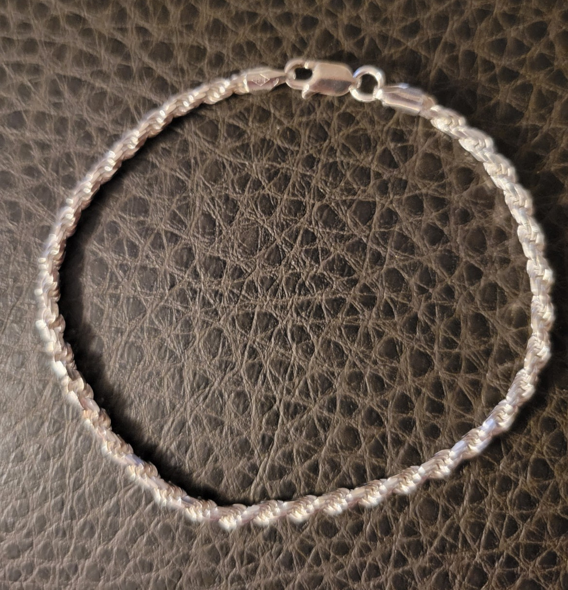 NEW Solid 925 Sterling Silver Rope Bracelet, Lobster Clasp 2.5 mm, 5.1 Grams.