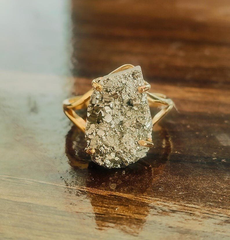 Natural Pyrite Raw Rough Ring, 925 Sterling Silver Gold Plated Handmade Ring