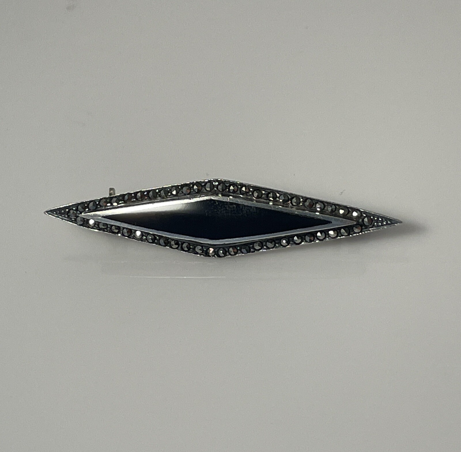 925 Sterling Silver Black Onyx and Marcasite Art Deco Pin Brooch 2” Jewelry