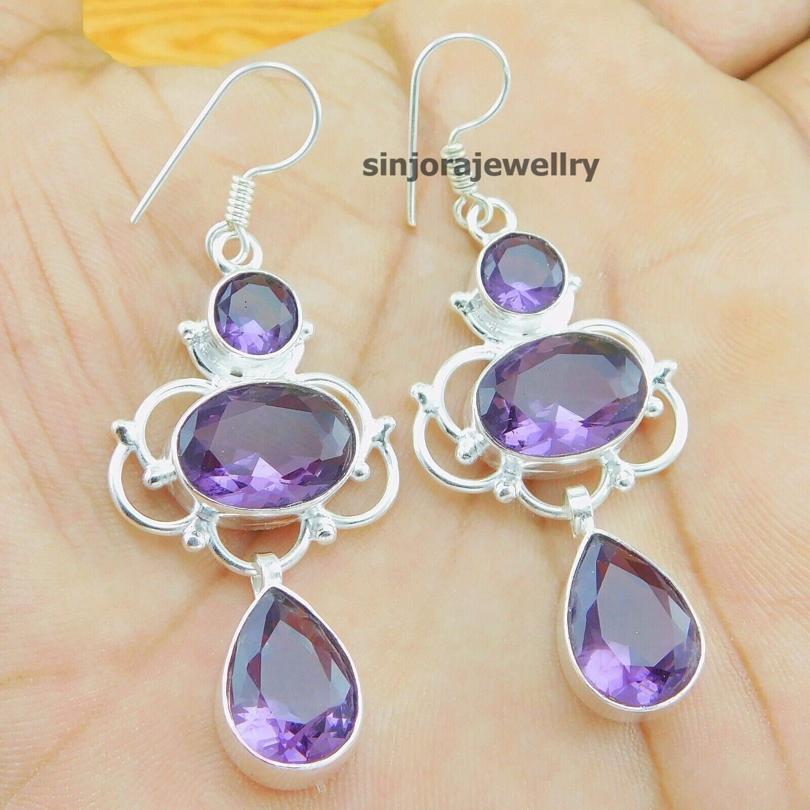 Amethyst Gemstone 925 sterling silver handmade Dangle Drop Earrings 2.50″