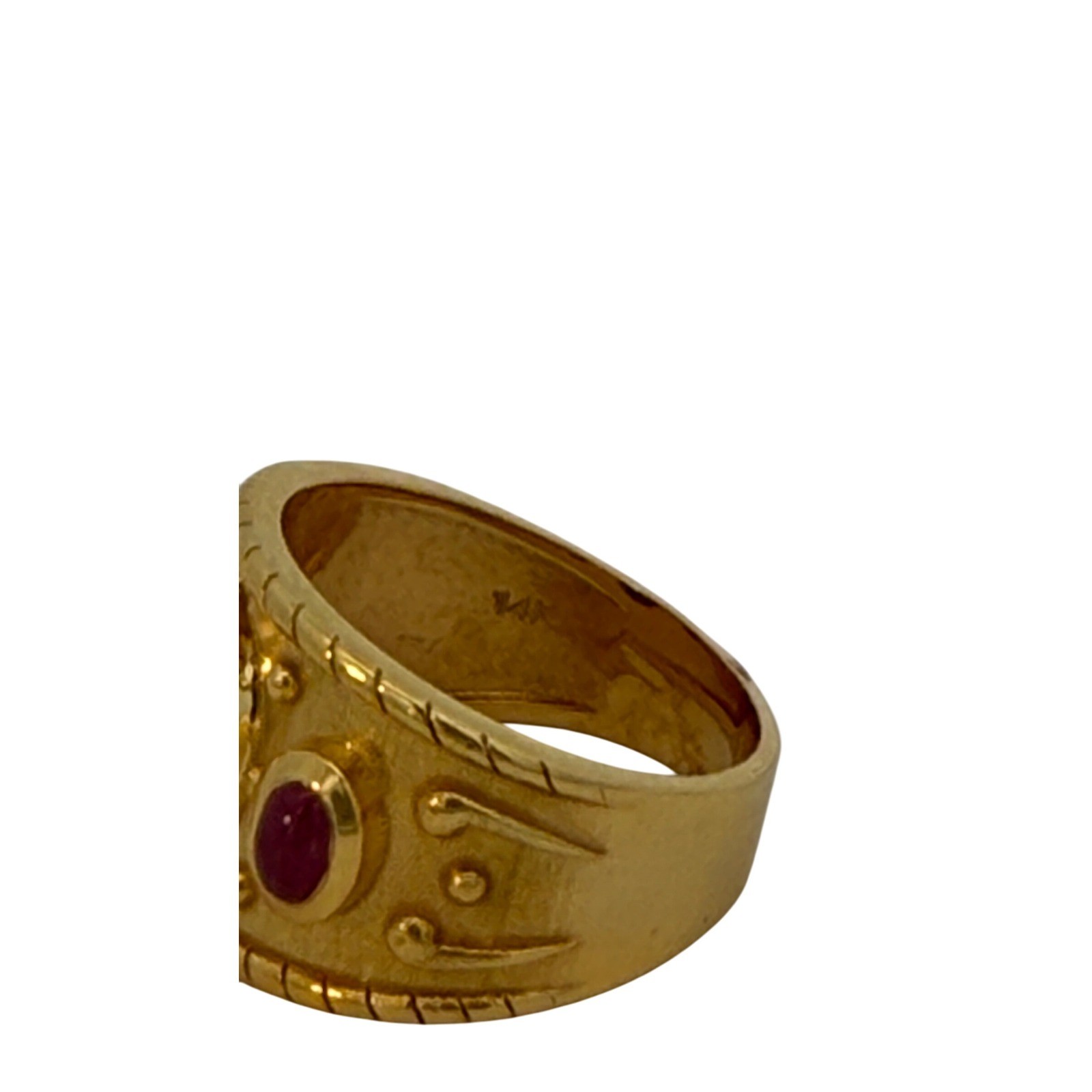 14K Gold Ring with Ruby & Blue Sapphire Cabochons, Statement Band Ring for Women