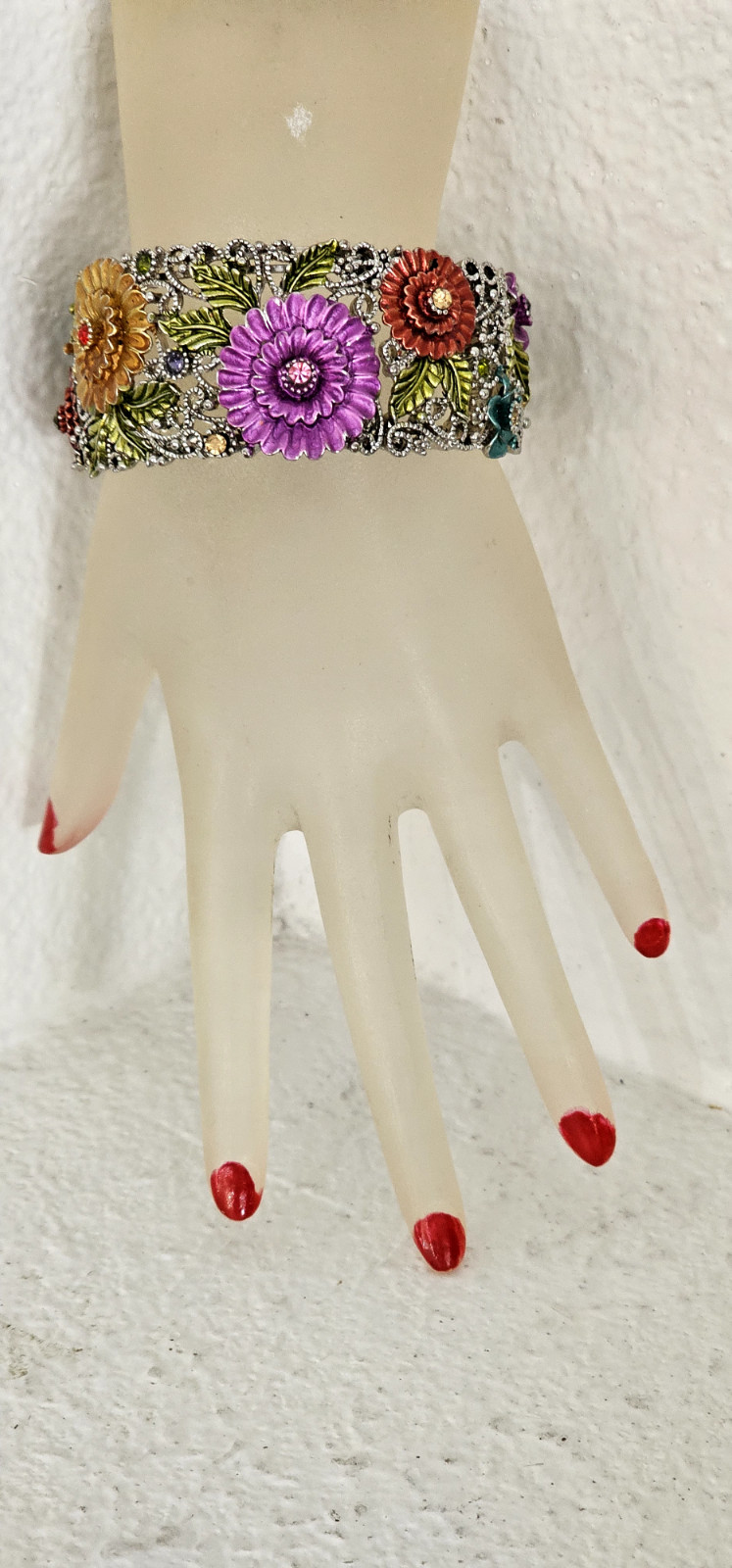 MULTICOLOR flower hinged cuff bracelet crystal & enamel UNIQUE all metal.