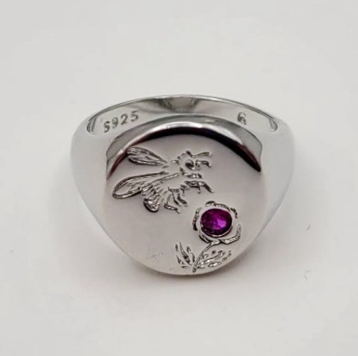 925 Sterling Silver Thick Engraved Bee & Fuchsia Flower Ring, Size 8