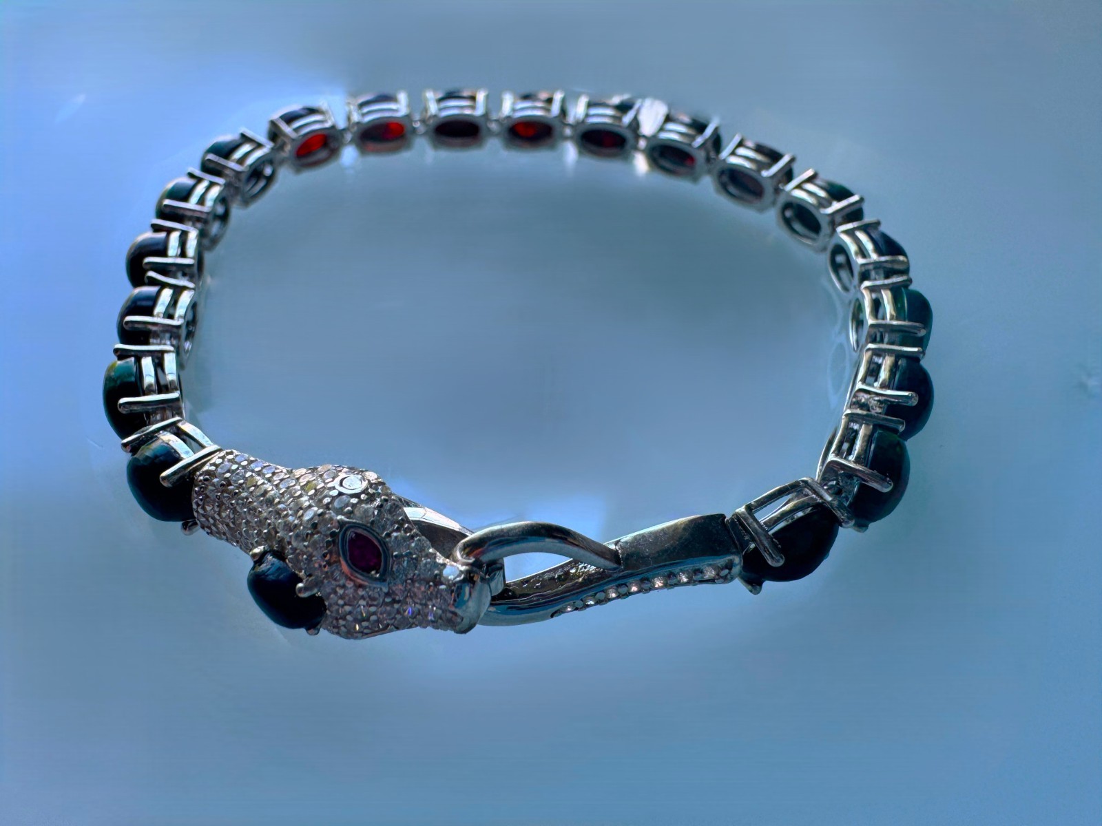 Ethiopian 7x5mm Black Opal Ruby CZ 925 Sterling Silver Cobra Push-Lock Bracelet
