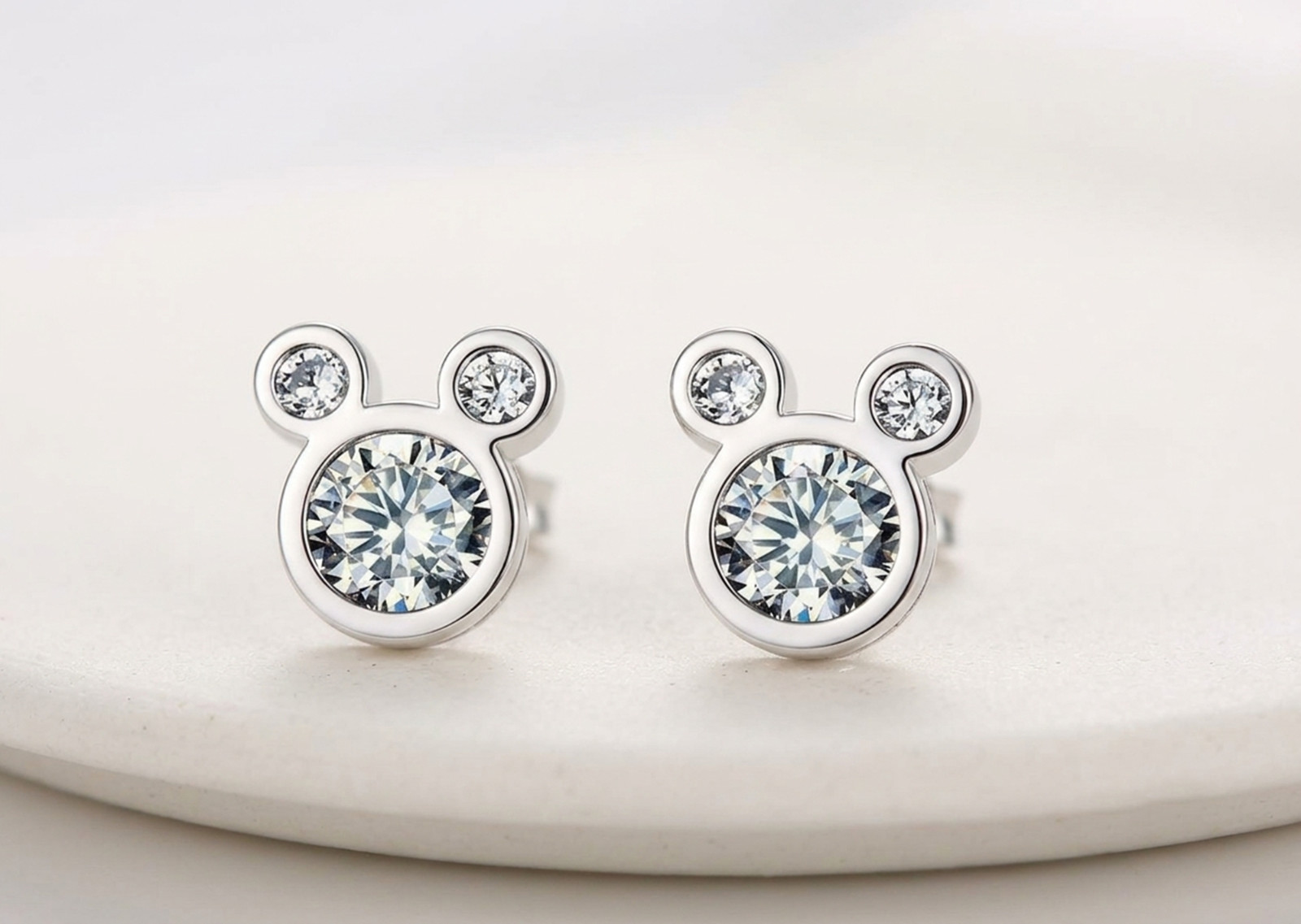 925 Silver Round Moissanite Three Stone Cute Mickey Mouse Stud Earrings For Gift