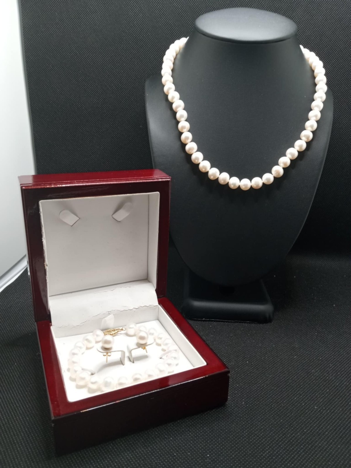 Cultured Opaque Pearl Set 14k In The Mahogany Box Earrings, Bracelet, Necklace