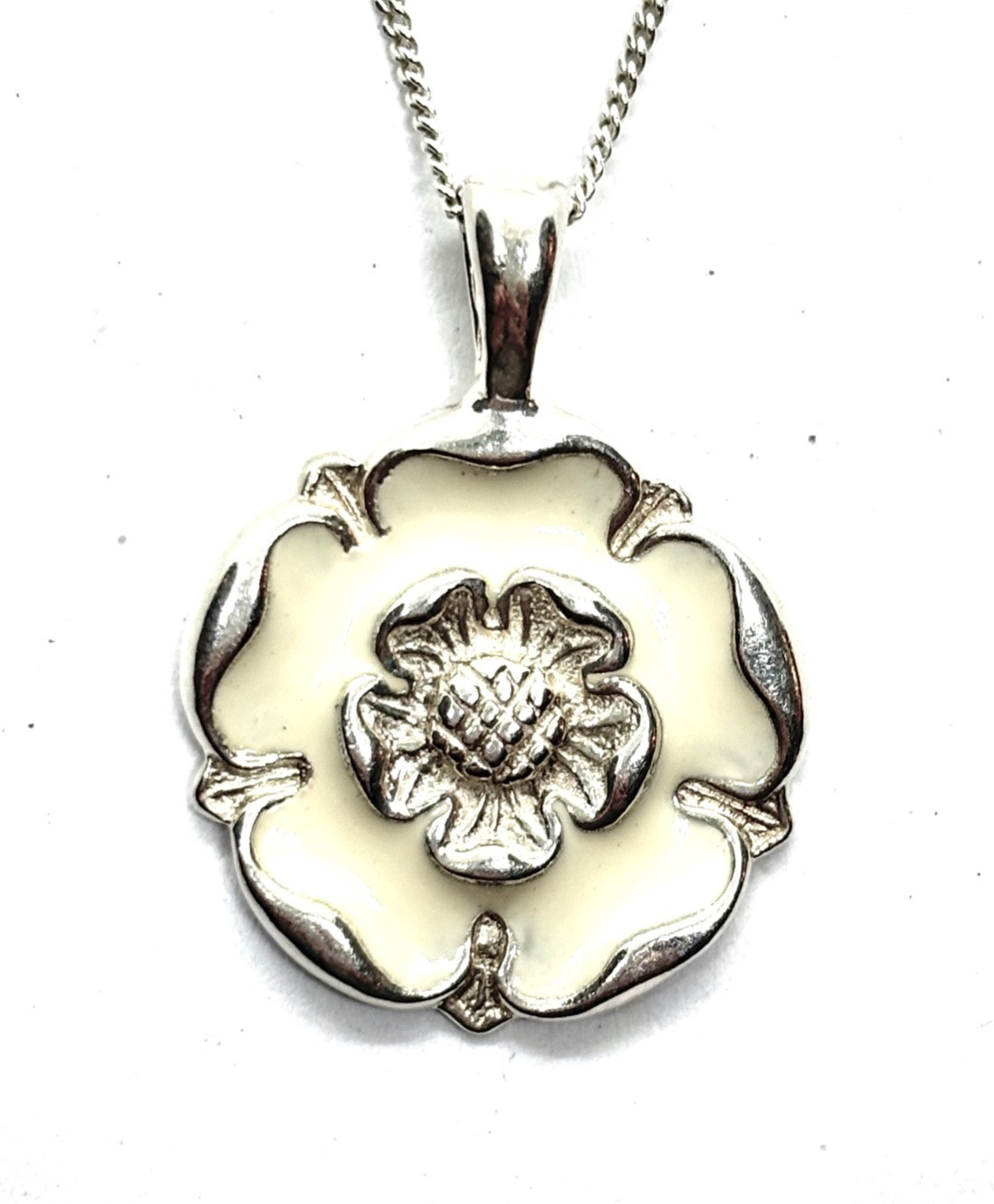 Sterling Silver White Enamel Tudor Rose Pendant Necklace