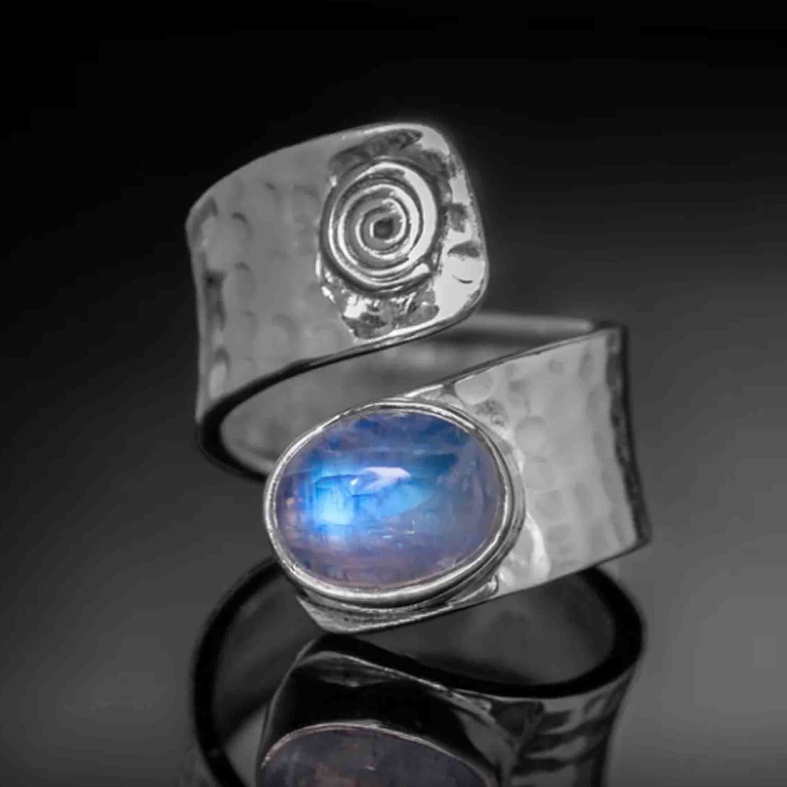 Natural Rainbow Moonstone Ring 925 Sterling Silver Adjustable Hammered Wrap Band