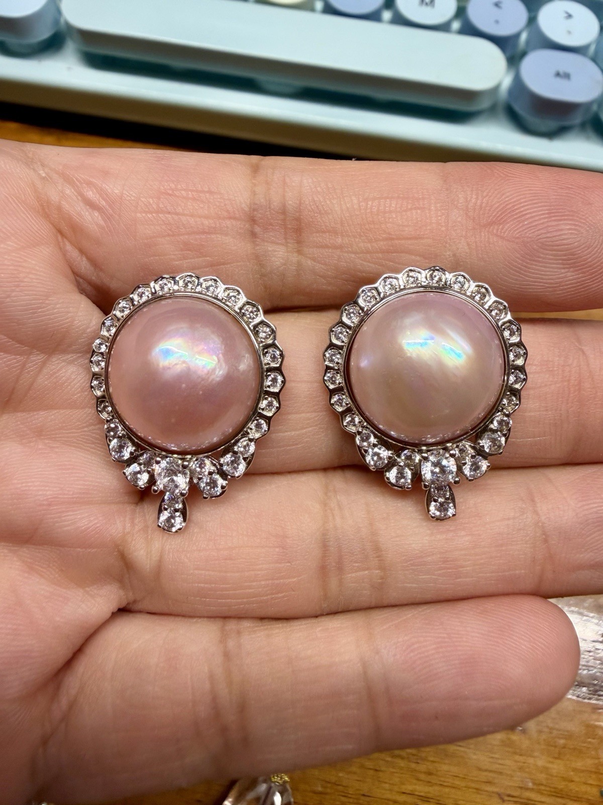 925 Sterling Silver White Gold Plated Mabe Pearl Halo Stud Earrings