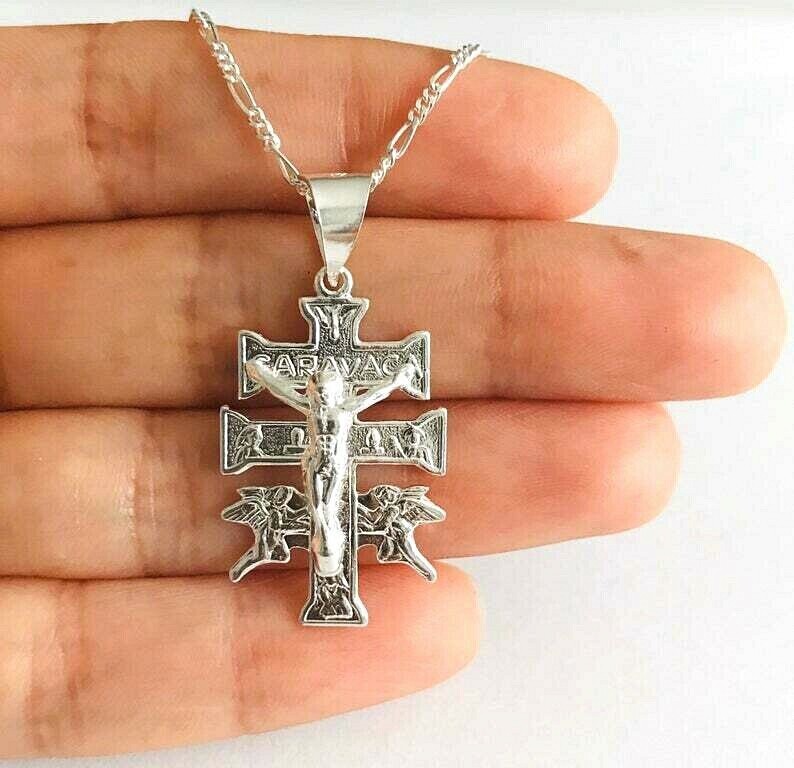 925 Silver Caravaca Cross Necklace 18″/ Cadena Cruz Caravaca plata- ESN32