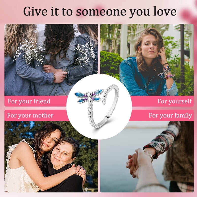 MULA S925 Sterling Silver Open Ring Colorful Enamel Dragonfly For Women Jewelry