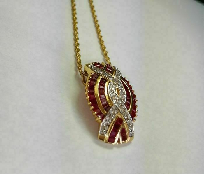 14k Yellow Gold Over 2.90Ct Ruby & Diamond Women’s Pendant 18″ Chain Necklace