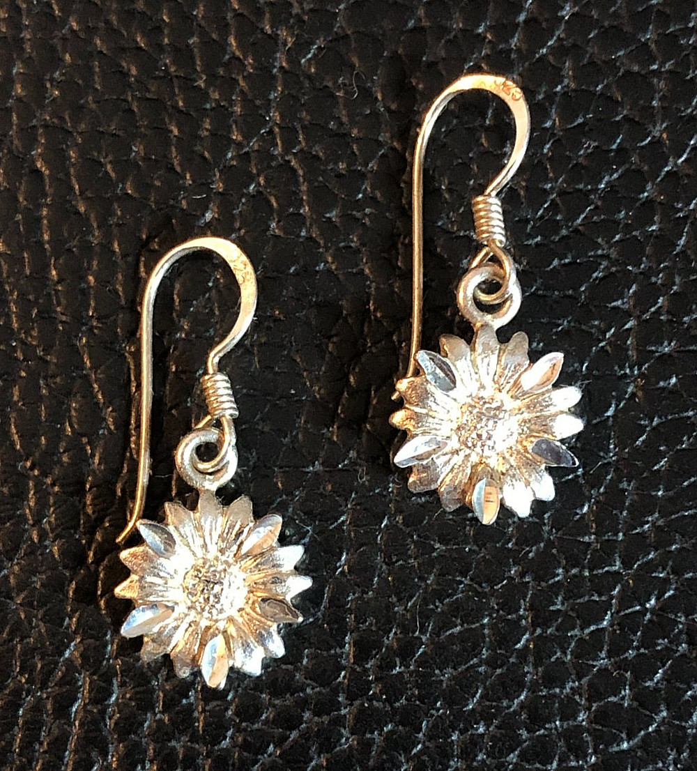 Sterling Silver Dangle Earrings Sunflower Matte Diamond Cut Dangle 1″ 925 7740