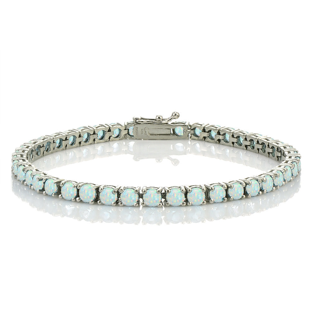 Sterling Silver 4.3ct Created White Opal 4mm Round Tennis Bracelet