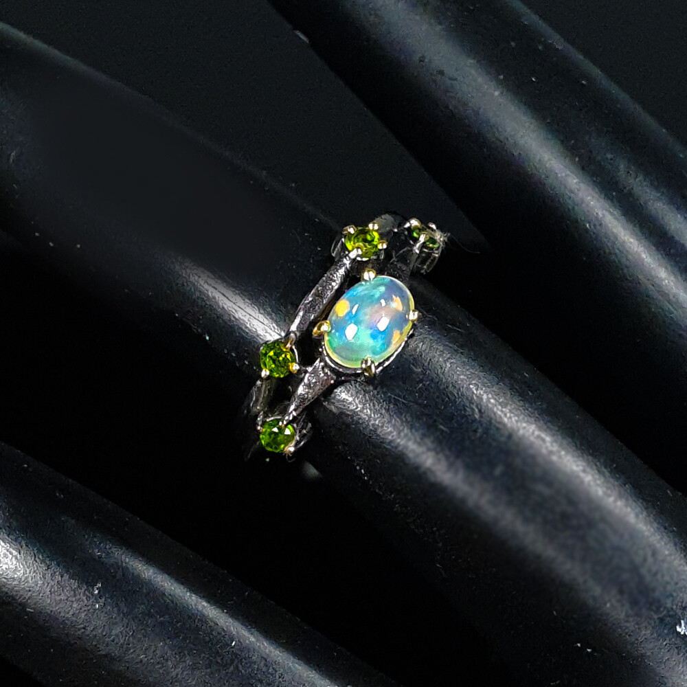 Not Enhanced Natural Opal Chrome Diopside Silver Ring 925 Sterling /RVS350