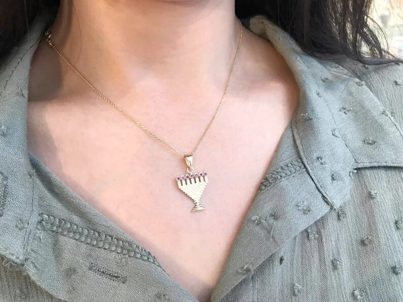 Ruby Jerusalem Menorah Pendant 14k Solid Yellow Gold Wall Kotel Jewish Jewelry